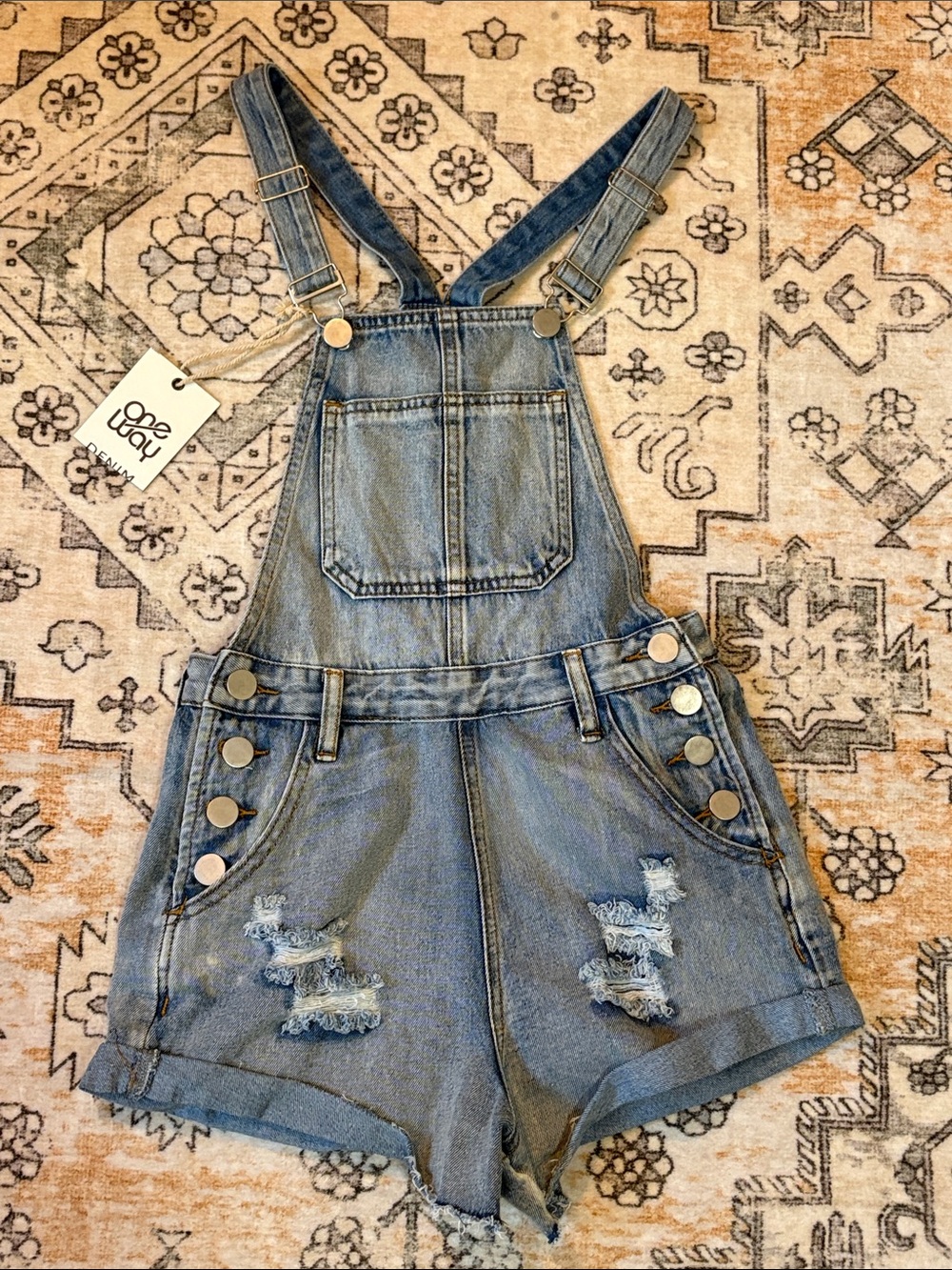 NWT ONE WAY XS/6 Light Blue Denim super short overalls with distressing